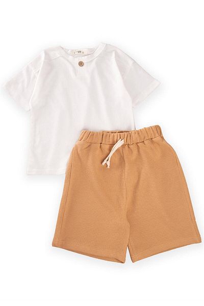 Cigit Basic Waffle Capris Set 2-7 Years Ecru