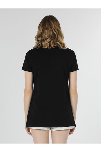 Colin's Tricou negru cu mânecă scurtă pentru femei, cu croială obișnuită, cu decolteu triplu, Cl 1048075
