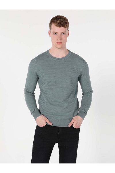 Colin's Pulover verde pentru bărbați, cu gât rotund, jacquard