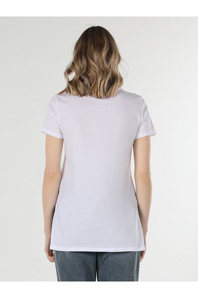 Colin's Tricou alb cu mânecă scurtă pentru femei, cu gât rotund, cu croiala normală
