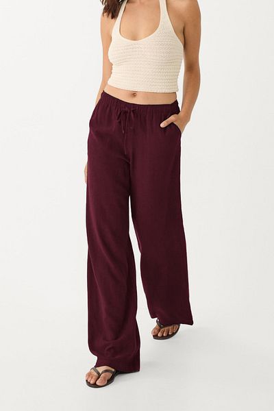 VODENS Linen Blended Loose Cut Claret Red Trousers
