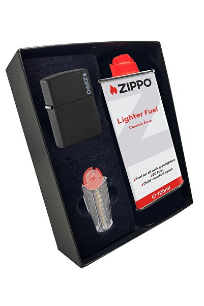 Zippo Çakmak Mat Siyah Hediyelik Kutu Benzin Taş Set du10sy