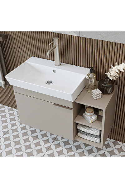 ROOMART Likya Kapaklı Açık Raflı Mdflam Lavabolu 82 Cm Banyo Alt Dolabı +Banyo Üst Dolabı + Banyo Boy Dolabı