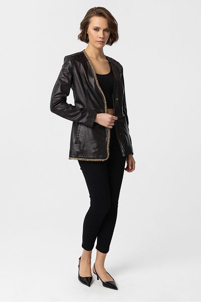 Deriderim Black Avril Chain Detailed Women's Genuine Leather Jacket