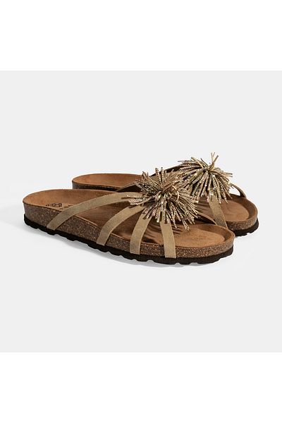 Desa Women's Beige Stone Detailed Suede Slippers