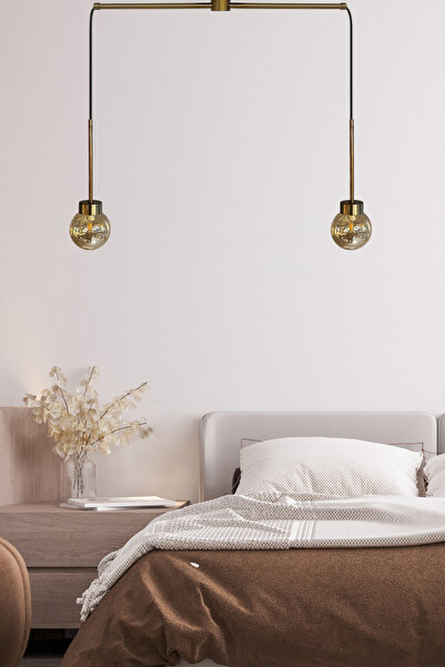 Bamyum İkili Petite Cam Bal Rengi Metal Çubuk Avize Ince Eskitme Başlık Sarkıt Restoran Salon Aydınlatma