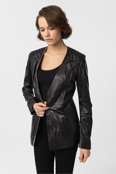 Deriderim Black Avril Chain Detailed Women's Genuine Leather Jacket