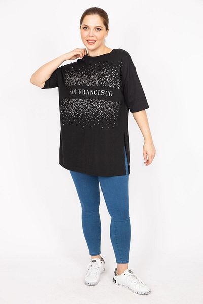 Şans Women's Anthracite Plus Size Stone and Glitter Printed Blouse 65n35949