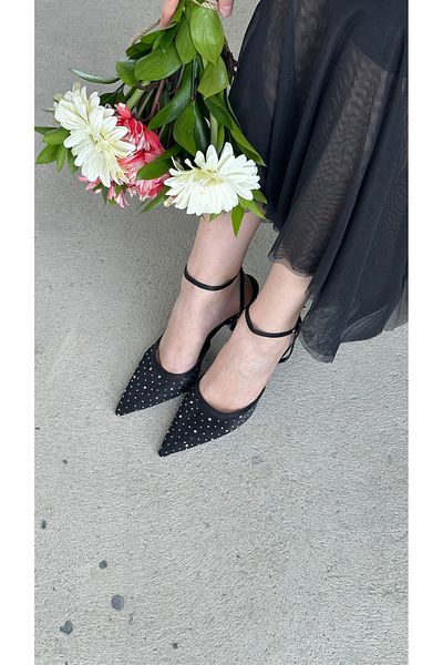 Letafia Gardena Silver Stone Detail Black Thin Heeled Shoes