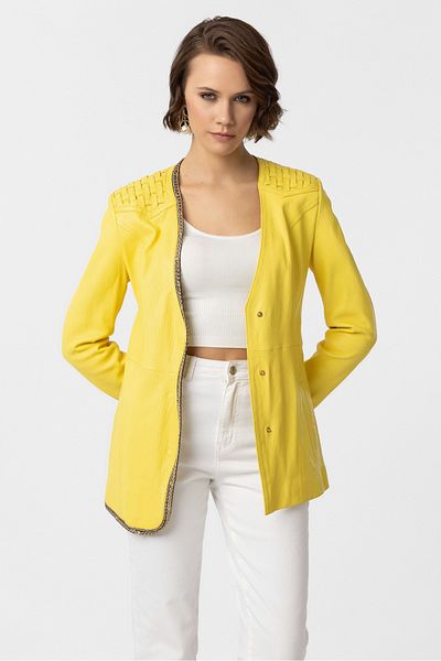 Deriderim Yellow Avril Chain Detailed Women's Genuine Leather Jacket