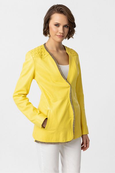 Deriderim Yellow Avril Chain Detailed Women's Genuine Leather Jacket