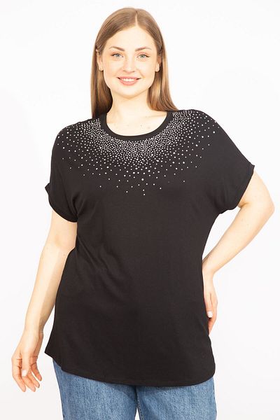 Şans Women's Black Large Size Stone Detailed Low Sleeve Blouse 65n35636