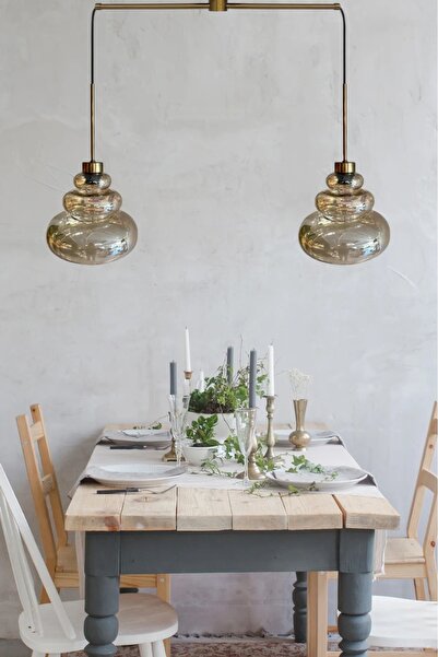 Bamyum İkili Lily Cam Bal Rengi Metal Çubuk Avize Ince Eskitme Başlık Retro Sarkıt Lamba Salon Aydınlatma