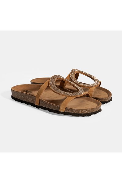 Desa Women's Tan Stone Detailed Suede Slippers
