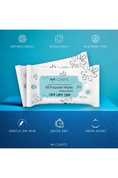 Charms All Purpose Wipes – Antibacterial, 15 Sheets(2+1 Value Pack) Gentle on Skin, Alcohol Free