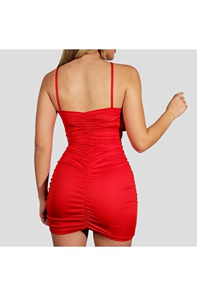 SAVAGEDOTH Kadın Kırmızı Askılı Göğüs Dekolteli Büzgülü Fantazi Mini Elbise