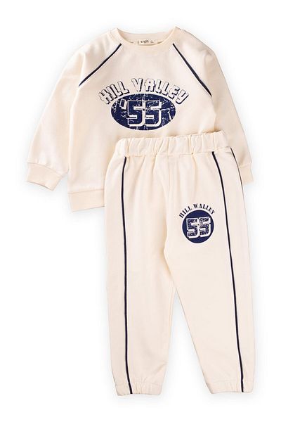 Cigit Hill Vallley Printed Piping Detailed Sweatshirt Set 2-10 Years Ecru