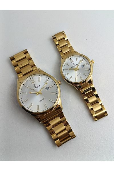 NAUTICAL Two Pieces Steel Lover Couple Wristwatch with Calendar