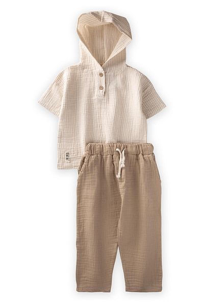 Cigit Striped Hooded Muslin Set 2-10 Years Beige