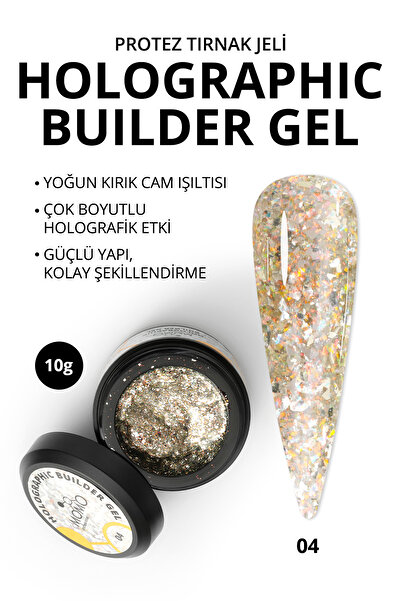 MOMO professional Holographic Builder Gel, Nail Art için Protez Tırnak Jeli No.04, Glitter Sarı Simli, 10 gr