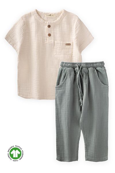 Cigit Organic Muslin Bohemian Shirt Set 2-7 Years Cream-çağla Green