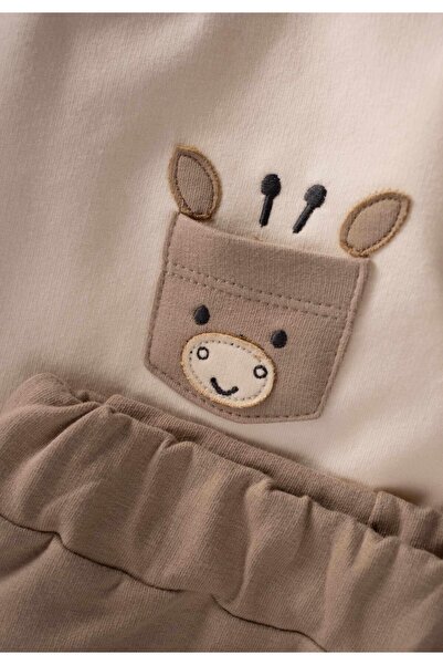Cigit Giraffe Pocket Appliqued Sweatshirt Set 0-4 Years Ecru