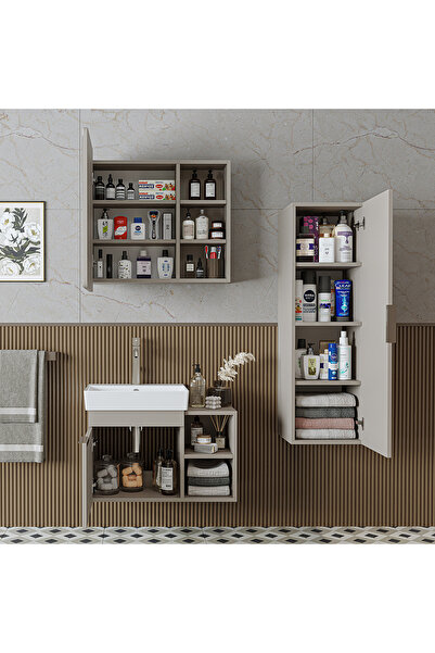 ROOMART Likya Kapaklı ve Açık Raflı Mdflam Lavabolu 72 Cm Banyo Alt Dolabı + Üst Dolabı + Banyo Boy Dolabı