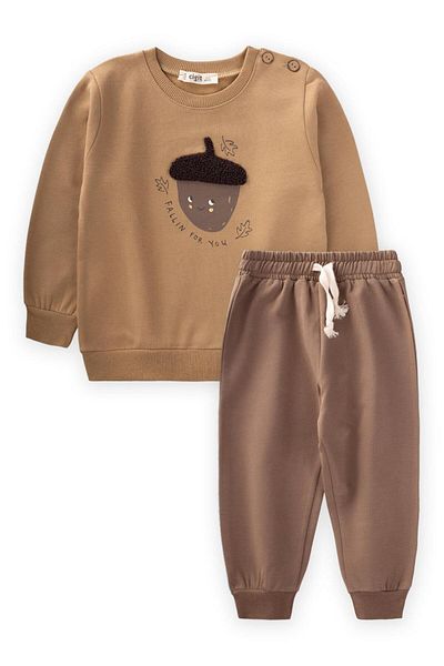 Cigit Fallin for You Printed Sweatshirt Set for Ages 1-5 - Dark Mustard