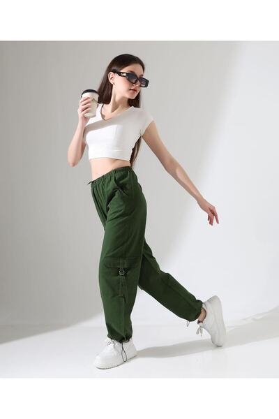 NEWCO Yeşil Paraşüt Kumaş Palazzo Pantolon