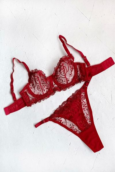 gc gece incisi Red Floral Embroidered Bra Set