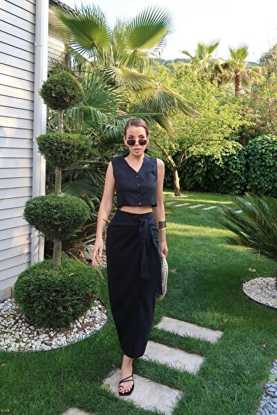 Swass Palma Summer Holly Linen Wrap Skirt Black