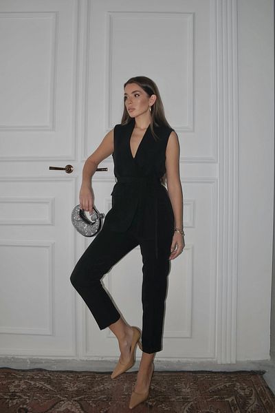 Swass Violet Belted Vest and High Waist Black Trousers Set