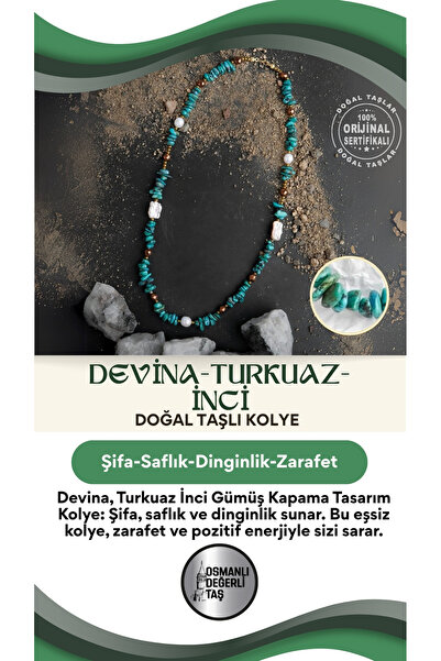 OSMANLI DEĞERLİ TAŞ Devina, Turkuaz Inci Doğaltaş Gümüş Kapama Tasarım Kolye