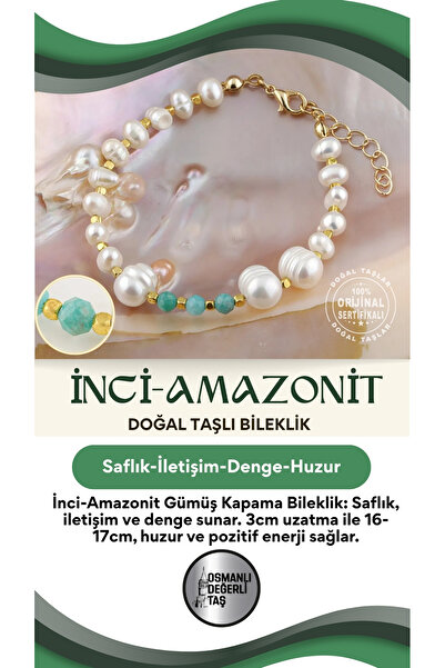 OSMANLI DEĞERLİ TAŞ Inci-amazonit Doğal Taş Gümüş Kapama Bileklik (3CM UZATMA...