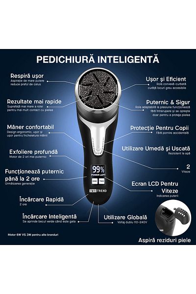 IMA TREND Electric Foot File, Suction, Led, 2200rpm, Usb, 3 Rollers, Ipx7, Callus Removal, Black