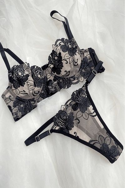 gc gece incisi Set sutien și cu modele florale brodate argintii