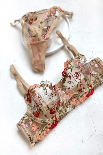 gc gece incisi Set sutien și cu modele florale brodate argintii