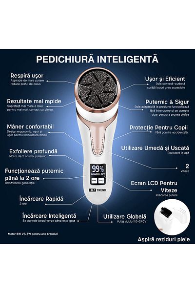 IMA TREND Electric Foot File, Suction, Led, 2200rpm, Usb, 3 Rollers, Ipx7, Callus Removal, White