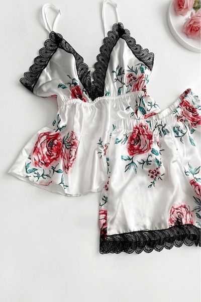 Gece İncisi Satin Shorts Set - Floral Printed