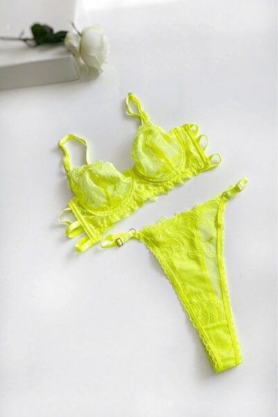 Gece İncisi Жовтий неоновий мереживний комплект бюстгальтера