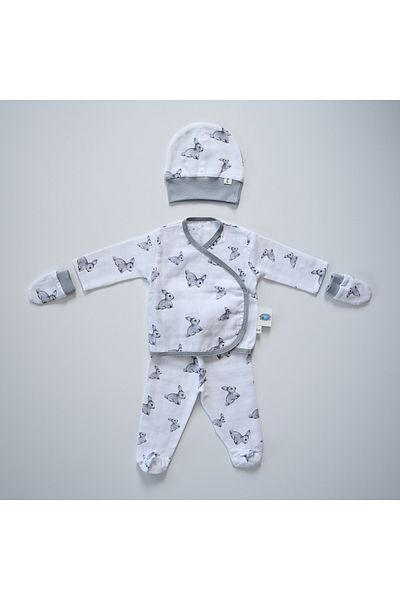DEUX LAPINS 100% Cotton Newborn Baby Hospital Discharge Set 4 Pieces Iconique Lapin - Gray Rabbit Pattern