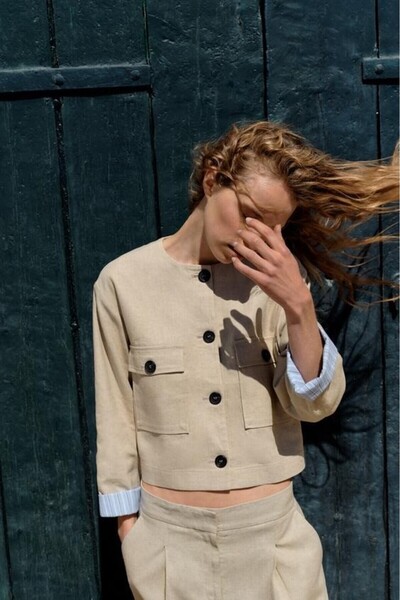 Swass Linen Blended Crop Jacket - Contrast Cuffed