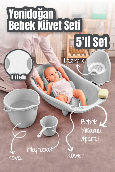 Vienev 5'li Set Fileli Yenidoğan Küvet Seti Gri