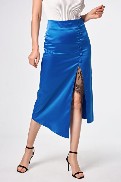 Swass Fusta din satin bleumarin cu detaliu din dantela