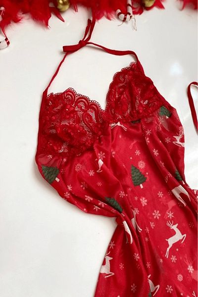 Gece İncisi Plus Size New Year's Special Deer & Pine Wood Printed Nightgown ❤️