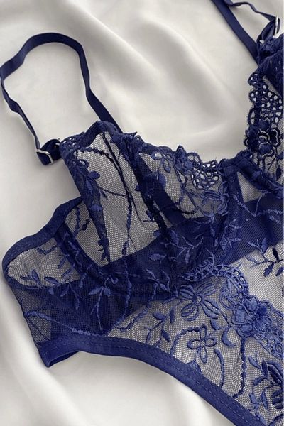 Gece İncisi Navy Blue Floral Detailed Bodysuit