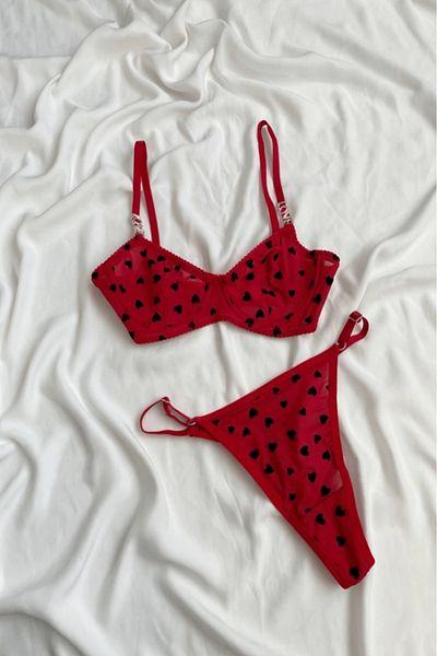 Gece İncisi Love Heart Printed Bra Set with Stones