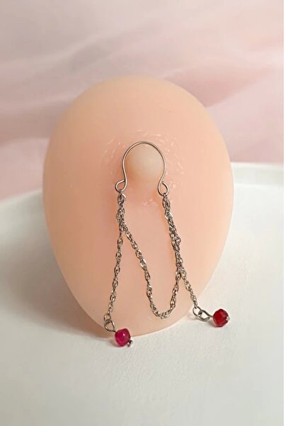 Gece İncisi Kuvars Taşlı Çelik Zincir Detaylı Delme Gerektirmeyen Göğüs Ucu Piercingi