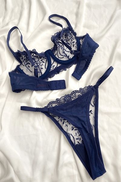 Gece İncisi Set sutien cu broderie florală bleumarin