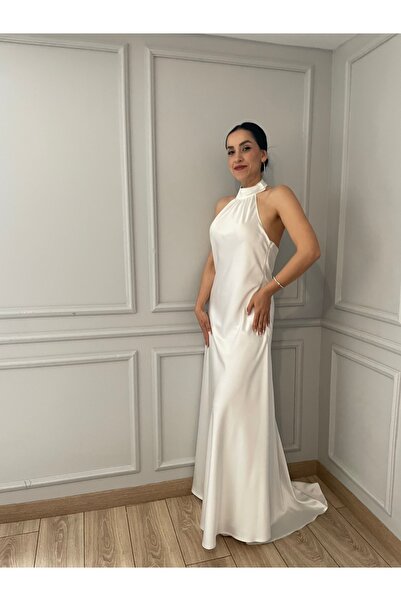 SOLİSTOES Uzun Saten Boyundan Bağlı Nikah Ve Davet Elbisesi